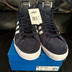 Blue with white stripes, size 12, Adidas Originals Suede High Top Sneakers.